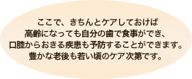 ここで、きちんとケアしておけば高齢になっても自分の歯で食事ができ、口腔からおきる疾患も予防することができます。豊かな老後も若い頃のケア次第です。